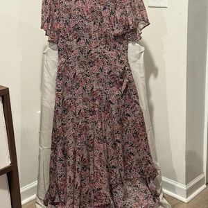 Astr Pink and Red Ruffled Maxi Dress with Flutter Sleeves NWOT
